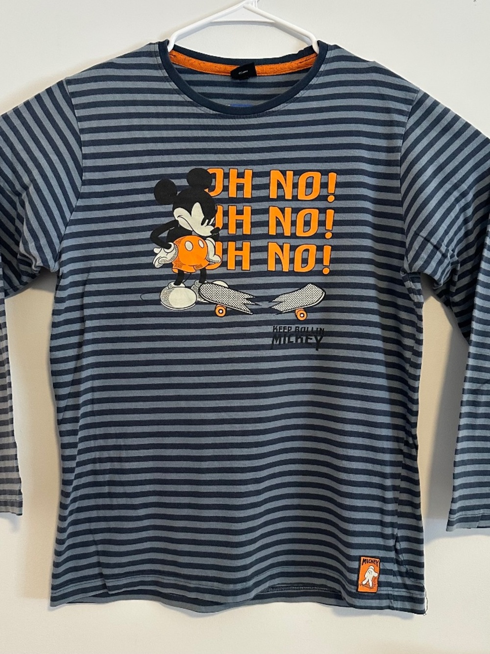 Mickey Mouse Skateboarding Graphic Print T-Shirt Large Blue Striped Long Sleeve